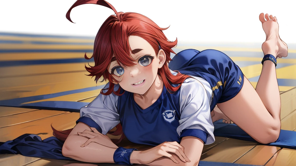 table top、highest quality、table top、high detail、be familiar with face、be familiar with eyes、rendered eyes、perfect eyes、clear image、be familiar with、wonderful、8K、8k wallpaper、8k background、high definition skin、High resolution、1 girl、smile、(White short-sleeved gym clothes with navy blue cuffs:1.3)、(navy blue bloomers:1.3)、(volleyball uniform)、(barefoot:1.3)、dark blue socks、big smile、ground、schoolyard、sexy pose、((redhead、Ahoge、blue eyes))