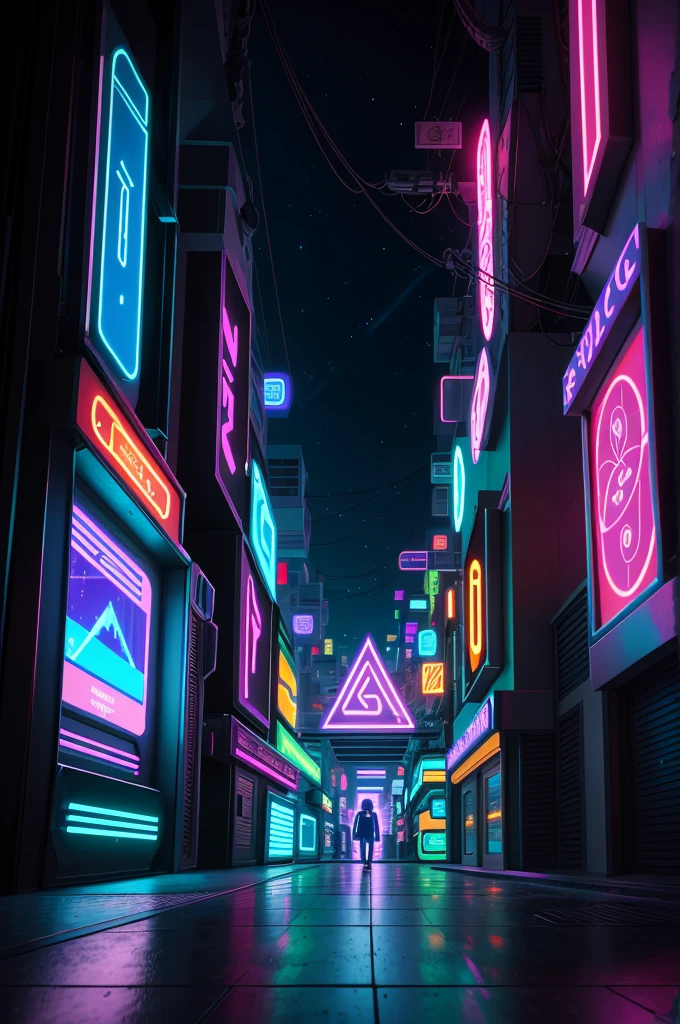 A masterpiece of art in best quality, 4k and 8k resolution, with ultra-high definition and HDR technology, showcasing stunning vibrant colors and retro aesthetics. This work of art boasts a mysterious and dream-like atmosphere, with neon lights illuminating abstract patterns, triangles, and geometries. The glossy surfaces of the piece create an eccentric charm, reminiscent of vaporwave and retro-futuristic architecture. Eccentric characters adorn the canvas, hand-crafted with pixel art and glitch effects, while bold typography adds a nostalgic touch. The 80s style is exaggerated with synthesized music,