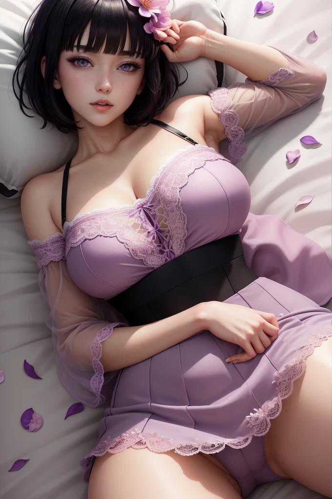 (masterpiece) (huge titusty, masterpiece, absurdres, hinata\(boruto\), 1girl, solo,mature female, off-shoulder bra, high waist short skirt, looking at viewelling petals), perfect composition, detailed lips, big breast, beautiful face, body propotion, blush, (pink lips), short hair, (black hair), purple eyes, soft gaze, super realistic, detailed, photoshoot, realistic face and body, closed mouth, laying on the bed , lilac eyes, full body, lace clothes,