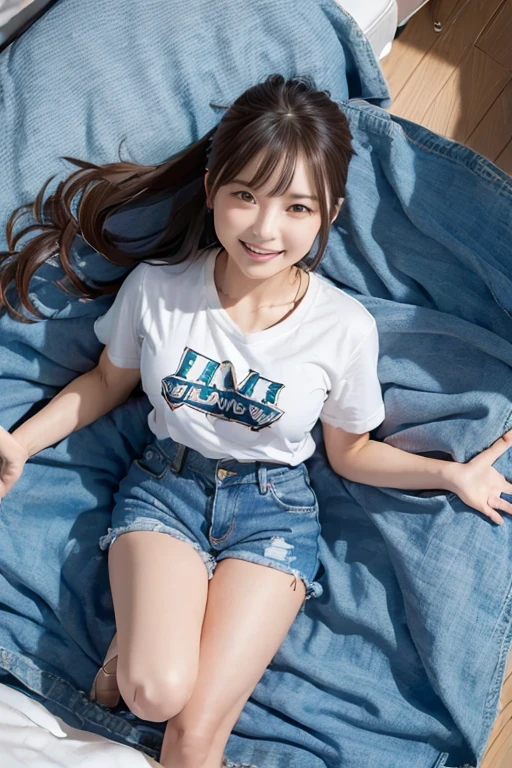 (From above:2)、detailed、masterpiece、highest quality、woman、T-shirt、short denim、smile、bed