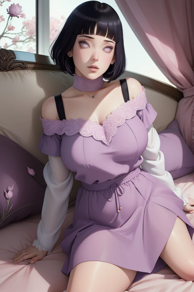 (masterpiece) (huge titusty, masterpiece, absurdres, hinata\(boruto\), 1girl, solo,mature female, off-shoulder bra, high waist short skirt, looking at viewelling petals), perfect composition, detailed lips, big breast, beautiful face, body propotion, blush, (pink lips), short hair, (black hair), purple eyes, soft gaze, super realistic, detailed, photoshoot, realistic face and body, closed mouth, laying on the bed , lilac eyes, full body, lace clothes,