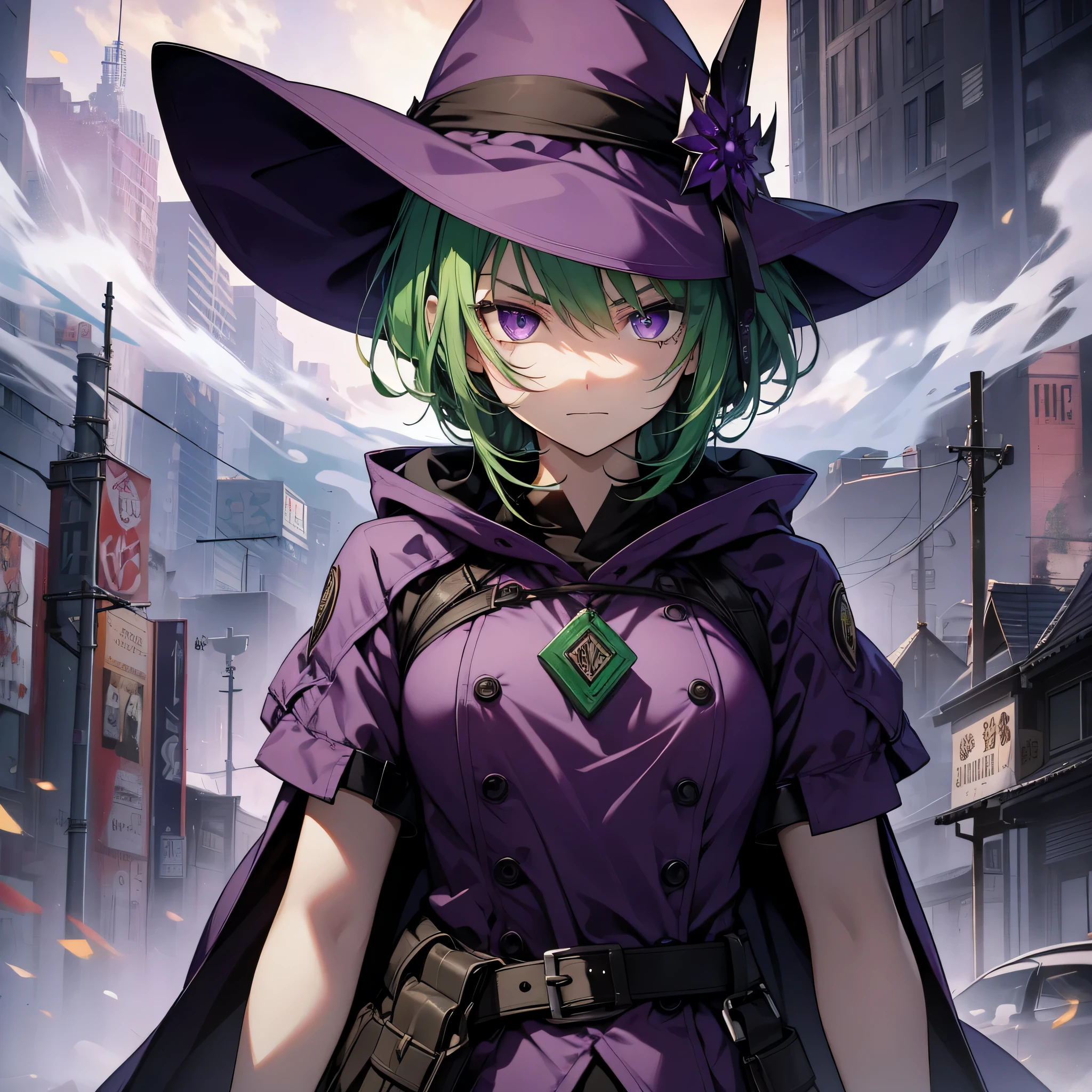 best image quality、expression of murderous intent、Expression of hatred、purple eyes、green hair