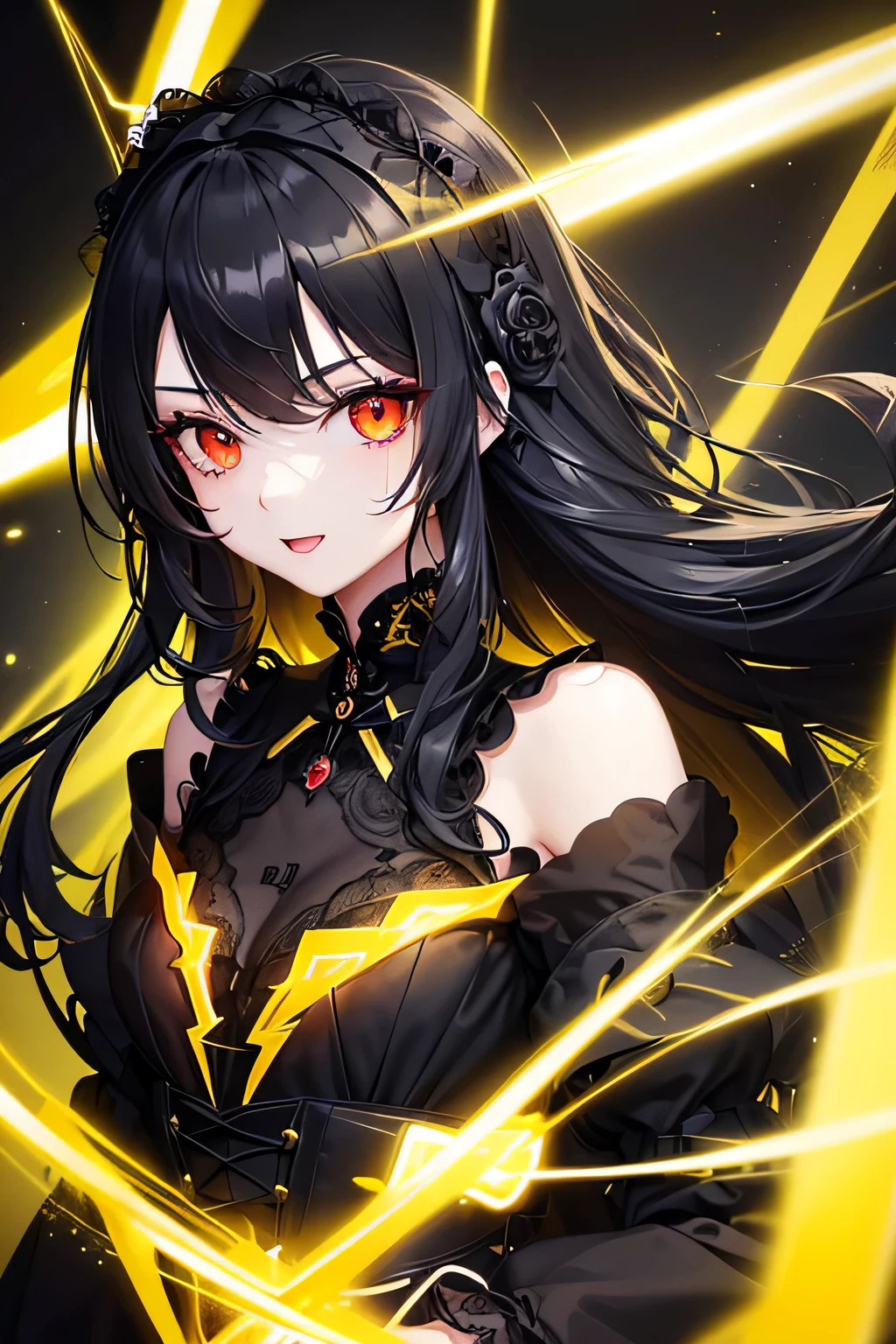 1 girl,Depp's Sense,confused,catch light,Super beautiful illustration,(yellow,electric lightning),((black color,long hairstyles:1.3)),dark dark eyeshadow,bright red lipstick,Gothic ta,;d,beautiful and delicate hair,(((delicate and detailed red eyes))),yellowく輝く光の効果,Lightning has
