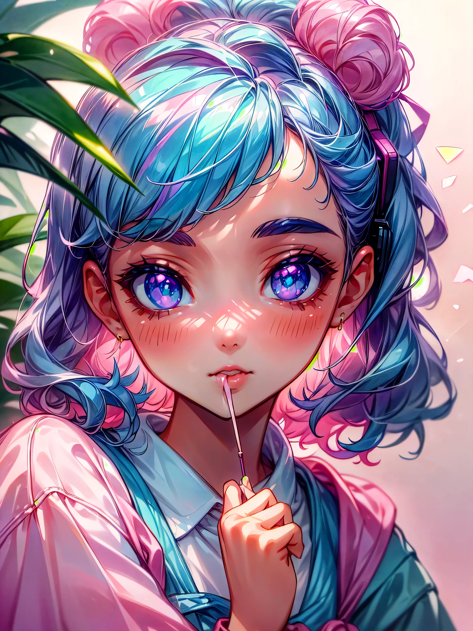 (best quality,4k,8k,highres,masterpiece:1.2),ultra-detailed,(realistic,photorealistic,photo-realistic:1.37),a girl,beautiful detailed eyes,beautiful detailed lips,extremely detailed eyes and face,long eyelashes,medium:vaporwave aesthetic,eating lunch,plaid school uniform,retro colors,vibrant,neon lights,80s vibe,pastel aesthetics,dreamy atmosphere,studio lighting,soft focus,lo-fi background music,macaron lunchbox,colorful bento,anime-inspired hair,peaceful expression,faded pastel backgrounds,faint geometric patterns,shimmering holographic accessories,sparkling cherry blossom petals,playful food icons,retro gadgets,grainy film effect,glowing crystal water bottle,slow-motion eating,blurred background,soft pink,blue,purple,delicate cherry blossom trees,looped anime gif projection,headphones,zen garden,artificial flowers,morning sunlight filtering through the windows,indoor dining area,tropical plants,ethereal atmosphere