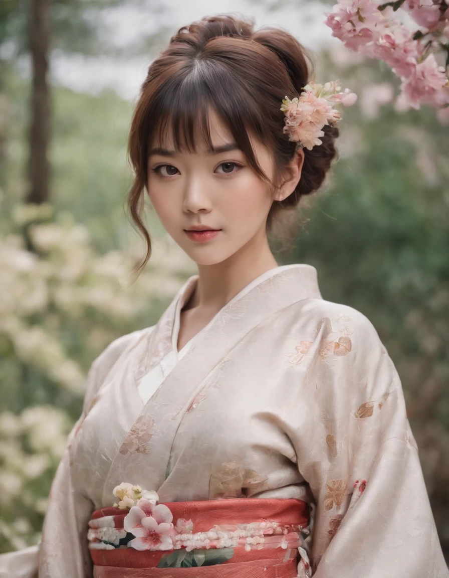 1girl, solo, outdoor, cute japanese model girl, kimono, floral print, hair ornament, looking at viewer, hair flower, brown eyes, bangs, masterpiece, best quality, realistic