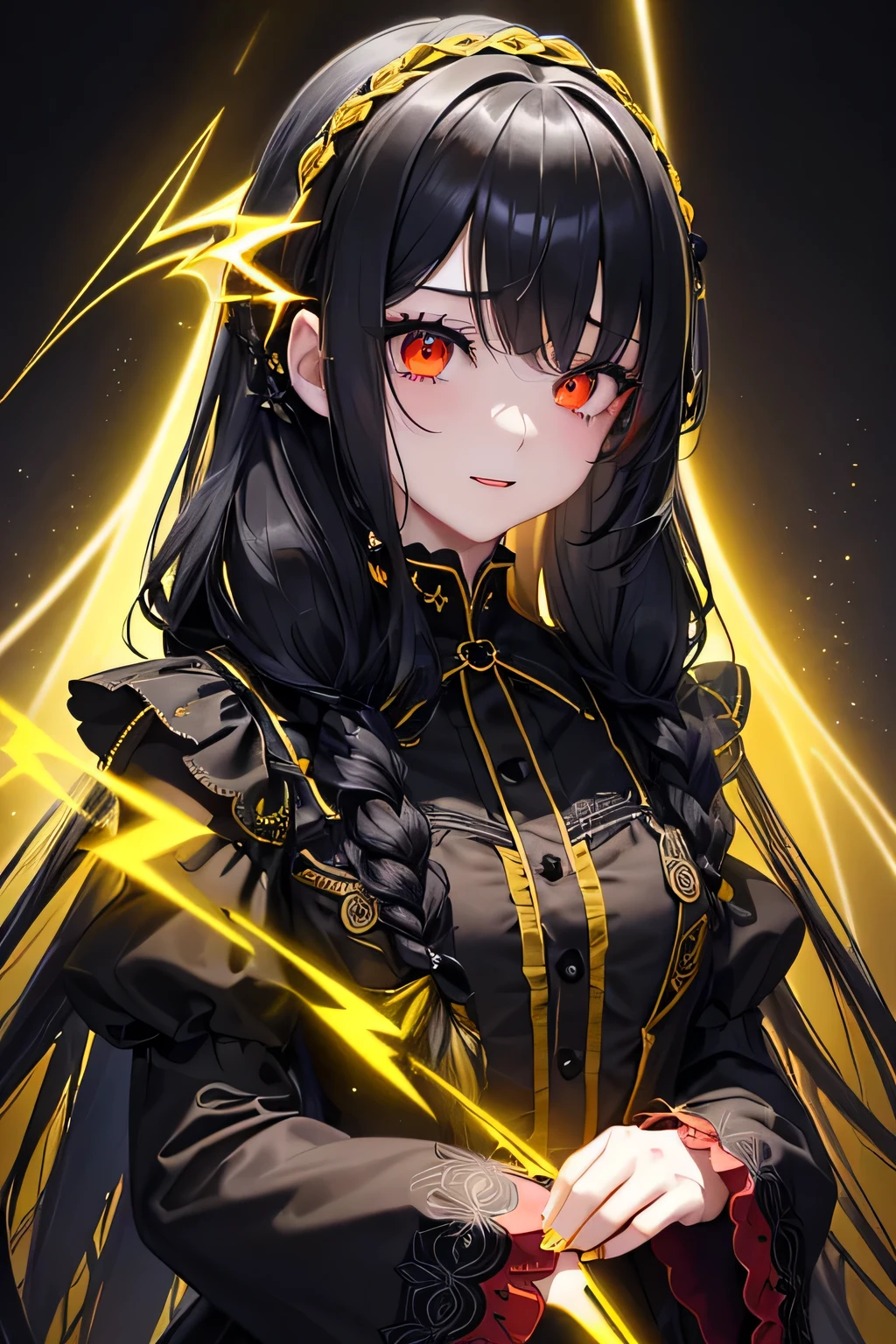 1 girl,Depp's Sense,confused,catch light,Super beautiful illustration,(yellow,electric lightning),((black color,long hairstyles:1.3)),dark dark eyeshadow,bright red lipstick,Gothic Lolita,;d,beautiful and delicate hair,(((delicate and detailed red eyes))),yellowく輝く光の効果,Lightning has