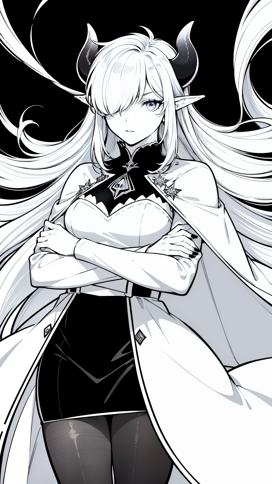 1woman,solo,40 years old,((mature female)),lipstick,horns,serious face,crossed arms,white hair,long hair,black dress,long cape,elf ears,(black pantyhose),(((hair over one eye))),(white background, line drawing)