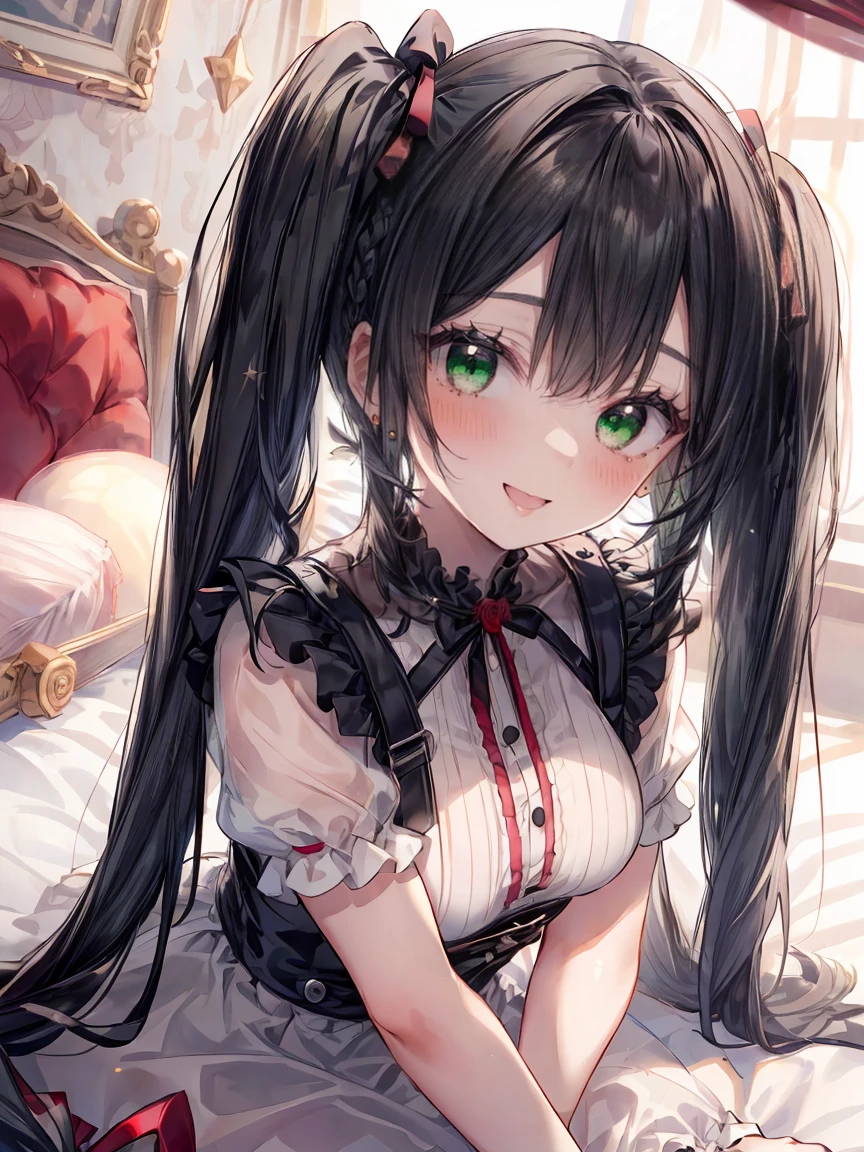 ((8K masterpiece,highest quality)), ultra high resolution, hyper detail, (1 girl), beautiful face, beautiful and delicate eyes,((green eyes)),Big eyes,shining eyes of light,Thin and long eyelashes,detailed light,((black hair)),((Bangs Patsun)),((long twin tails)),big breasts,thin waist,slender body,big thighs,blush,(grinning smile),troubled face,(please open your mouth wide),black gothic ta overalls,Red pumps,Red earrings,Rose,Ribbon hair fastening,bed,kawaii,((Monotone room)),Kinky beauty,Danmei,Inside the castle,princess,(((Lie down with your arms as pillows))),lure,motion blur,Depth of written boundary,spectacular panoramic view,Angle from above
