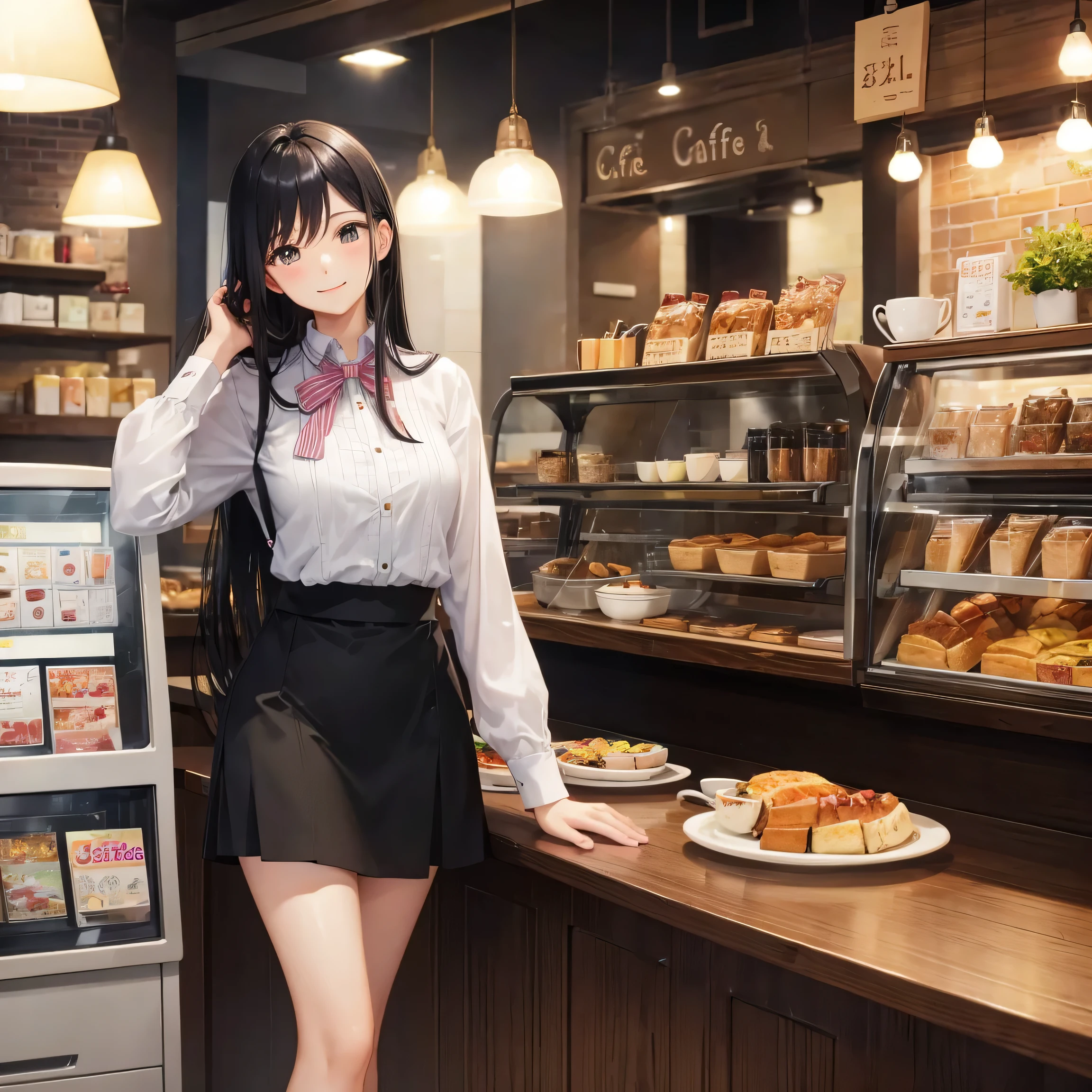 cafe clerk　Tight Skirt　1 woman in her 30s　Cafe at night　smile gently　Black hair semi-long hair