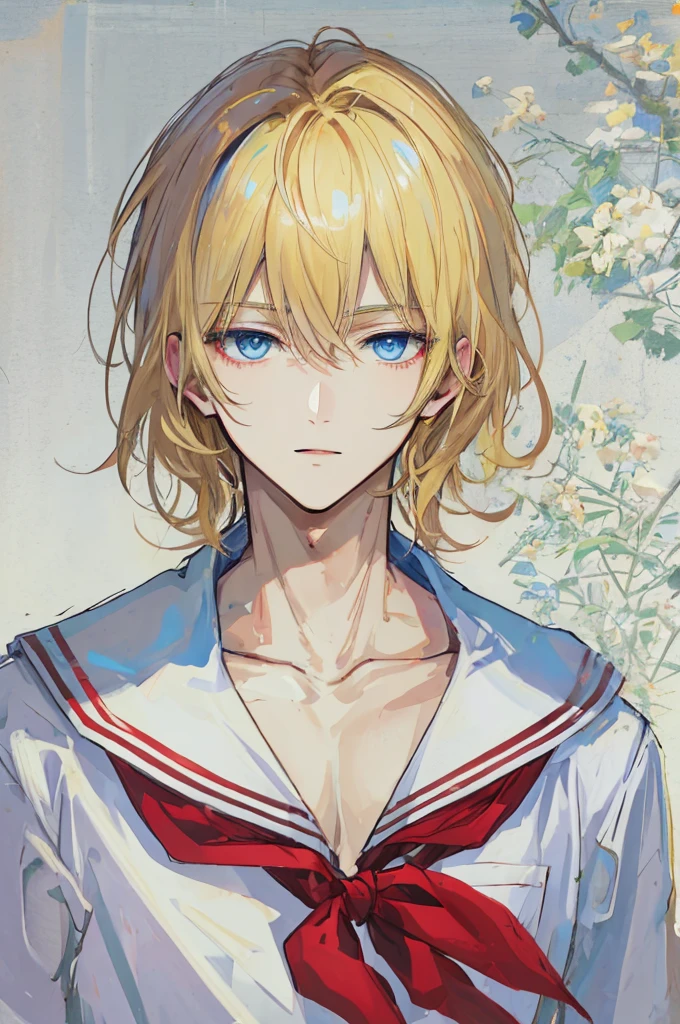 a handsome man,adult,blond,blue eyes,clavicle,school uniform,Clever,nsfw,(masterpiece),(highest quality),