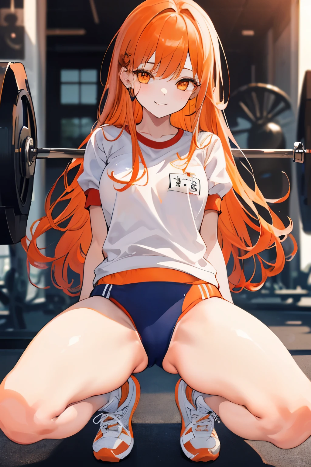 (((1girl))), ((best quality)), ((masterpiece)), ((ultra-detailed)), (illustration), (detailed light), (an extremely delicate and beautiful), (beautiful detailed eyes), (sunlight), ((extremely light)), 

((((gym uniform)))),
school girl,

wavy long, (((dark orange hair))),  (((long hair))),
(((deep orange eyes))), 

((whole body)), , 
diamond, beautiful, ((extra elegant)), (((condescending expression))), (sexually mischievous smile),  (((extra adorable))), (((extra slender shape))), 

squatting in the school gym

(((extraordinarily thin thighs)))