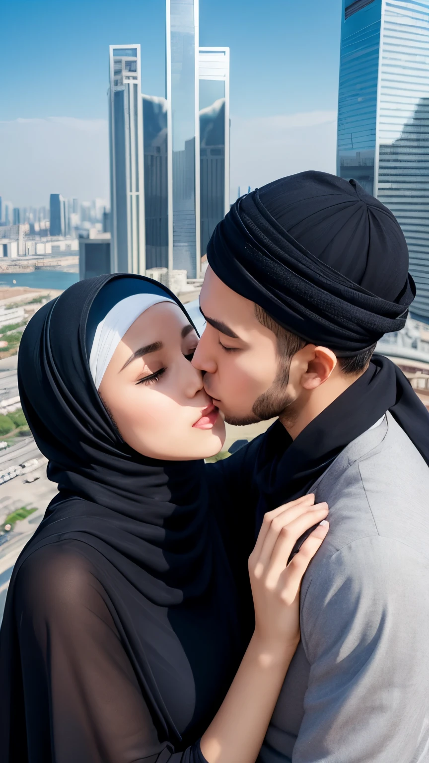 A cute hijab girl, kissing a man on the top of the building. Content background skyscrapers