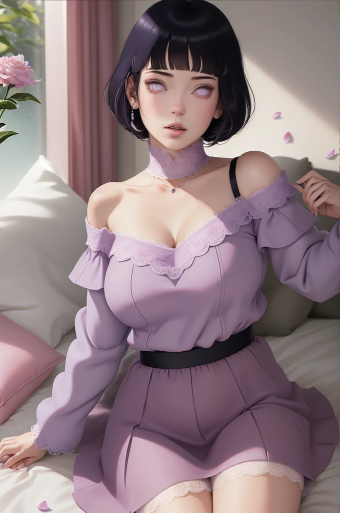 (masterpiece) (huge titusty, masterpiece, absurdres, hinata\(boruto\), 1girl, solo,mature female, off-shoulder bra, high waist short skirt, looking at viewelling petals), perfect composition, detailed lips, big breast, beautiful face, body propotion, blush, (pink lips), short hair, (black hair), purple eyes, soft gaze, super realistic, detailed, photoshoot, realistic face and body, closed mouth, laying on the bed , lilac eyes, full body, lace clothes,