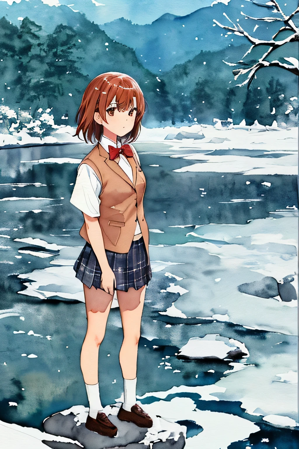 雪の残る冬のriverin遊ぶ少女, river、river、小river、(((there is a standing on a snowy rock in the water, 冬の浅いriverに立つ, standing next to water, 彼女は雪が残るriverの上を歩いています, standing on a rock covered with snow, standing in a pond, 流れる小riverに輝く, standing on a rock covered with snow, 背景は水彩スタイルinす,  like々cool japanese girl, アジアのlikeい女の子)))、masterpiece, highest quality, 8K, brown eyes, looking for in viewer, 一人in, short_hair, closed_mouth, with collar_shirt, long sleeve、long sleeve、looking for_in_viewer, School_uniform, shirt, white_shirt, wearing a down jacket.small_chest, (((まだ雪の残る冬のriverをスカートをたくし上げて膝まinつかって渡っている)))、short hair, hairの花, whiteのshirt, sweater vest, short sleeve, gray skirt, Short pants underskirt Amikoto, short hair, hairの花, red bow tie, blazer, brown jacket, long sleeve, Plaid skirt Amikoto, short hair, hairの花, Gym suit, bare shoulders, ノースリーブshirt, whiteのshirt, short半ズボン, whiteいショーツ