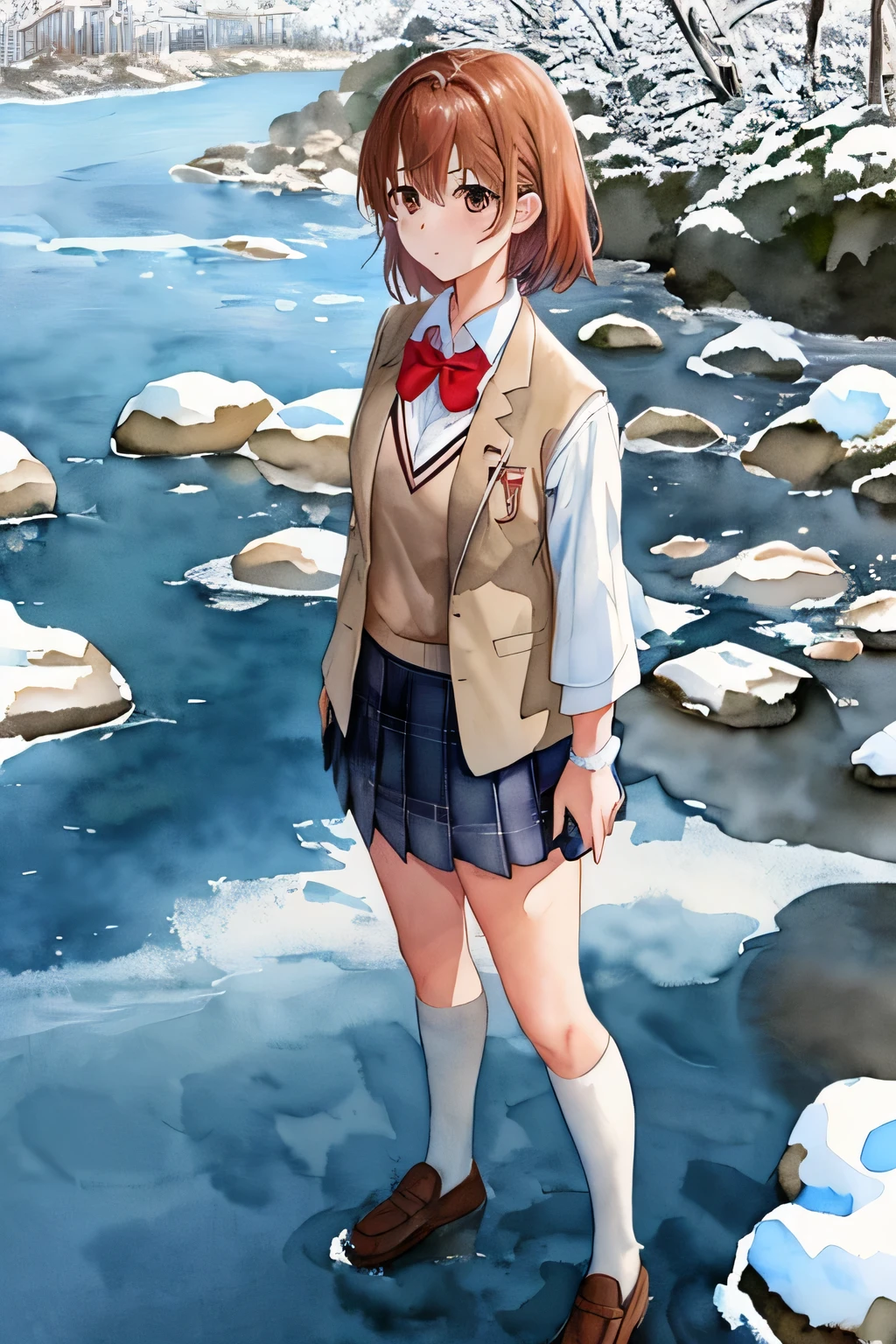雪の残る冬のriverin遊ぶ少女, river、river、小river、(((The girl is wearing a down jacket and standing on a snowy rock in the water., 冬の浅いriverに立つ, standing next to water, 彼女は雪が残るriverの上を歩いています, standing on a rock covered with snow, standing in a pond, 流れる小riverに輝く, standing on a rock covered with snow, 背景は水彩スタイルinす, like々cool japanese girl, アジアのlikeい女の子)))、masterpiece, highest quality, 8K, brown eyes, looking for in viewer, 一人in, short_hair, closed_mouth, with collar_shirt, long sleeve、long sleeve、looking for_in_viewer, School_uniform, shirt, white_shirt, wearing a down jacket.small_chest, (((まだ雪の残る冬のriverをスカートをたくし上げて膝まinつかって渡っている)))、short hair, hairの花, whiteのshirt, sweater vest, short sleeve, gray skirt, Short pants underskirt Amikoto, short hair, hairの花, red bow tie, blazer, brown jacket, long sleeve, Plaid skirt Amikoto, short hair, hairの花, Gym suit, bare shoulders, ノースリーブshirt, whiteのshirt, short半ズボン, whiteいショーツ