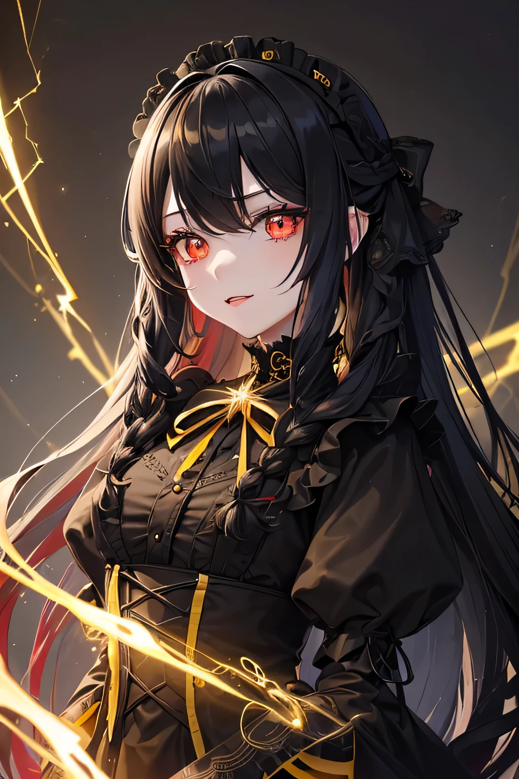 1 girl,Depp's Sense,confused,catch light,Super beautiful illustration,(yellow,electric lightning),((black color,long hairstyles:1.3)),dark dark eyeshadow,bright red lipstick,Gothic ta,;d,beautiful and delicate hair,(((delicate and detailed red eyes))),yellowく輝く光の効果,Lightning has