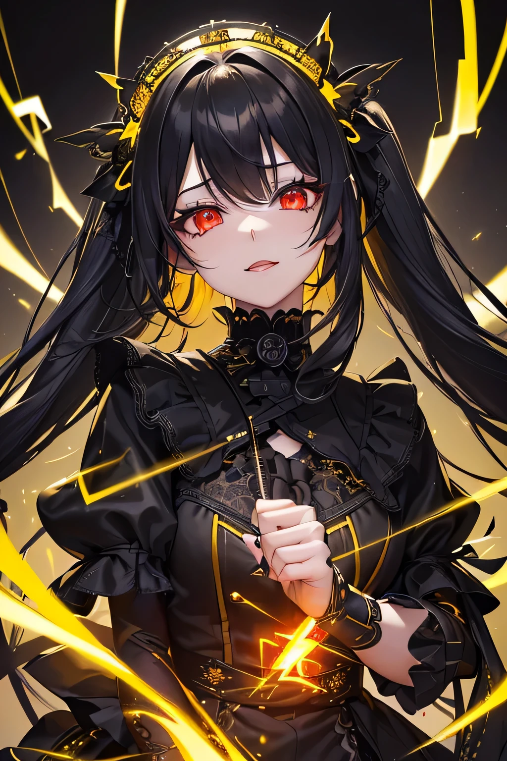 1 girl,Depp's Sense,confused,catch light,Super beautiful illustration,(yellow,electric lightning),((black color,long hairstyles:1.3)),dark dark eyeshadow,bright red lipstick,Gothic Lolita,;d,beautiful and delicate hair,(((delicate and detailed red eyes))),yellowく輝く光の効果,Lightning has