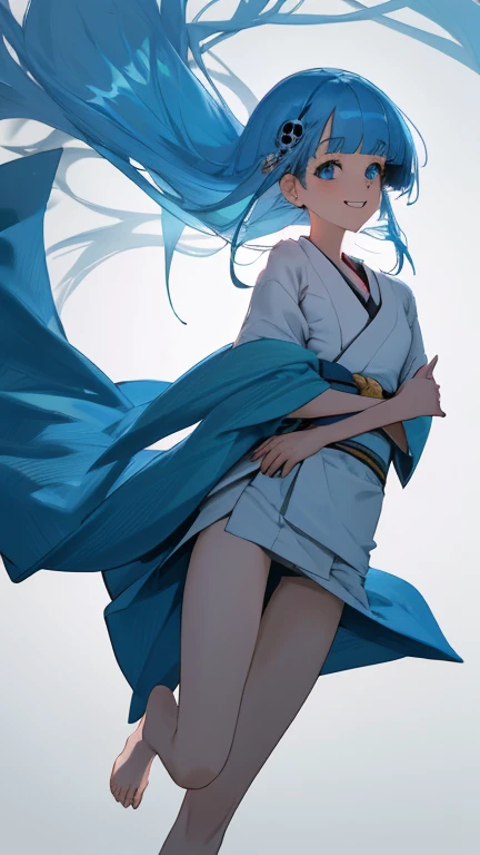 {{{{amazing quality, great quality, high quality, very aesthetic, aesthetic, best quality}}}}, 
realistic, photo, shadow, Three-dimensional, absurdres, Digital art, 
{{{{Magical girl}}}}, beautiful girl, one girl, 
light blue hair, long straight hair, hair, trimmed hair, shiny hair, blunt bangs, short sideburns, 
blue eyes, big eyes, round eyes, , 
{{flat chest}}, {{small breasts}}, {{detailed body}}, slim thighs, thin thighs, {{white mini yukata}}, {{yellow kimono obi}}, {{skull-shaped hair ornament}}, barefoot, Geta for women, A big smile,