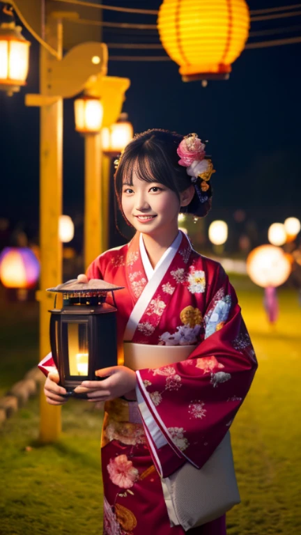 master level,super high quality,A girl in kimono stands at the lantern festival,Carrying a lantern in his hand,Surrounded by gorgeous petals,4K resolution,Extreme details