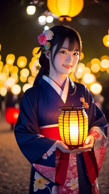 master level,super high quality,A girl in kimono stands at the lantern festival,Carrying a lantern in his hand,Surrounded by gorgeous petals,4K resolution,Extreme details