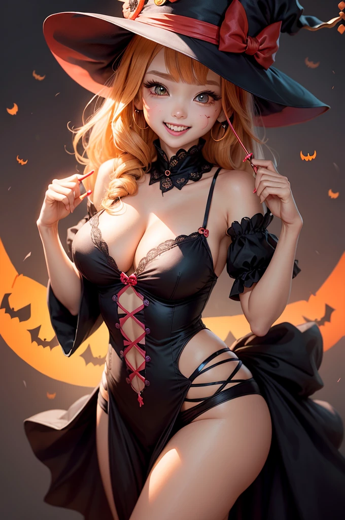Cute Halloween Theme、eye up、breast enhancement、laughter、 cute pose、Glamorous Hat、Halloween Accessories、Draw buttons and pockets on clothes in a Halloween style、The costume is red、The background is littered with sweets and sweets、Draw an outer border