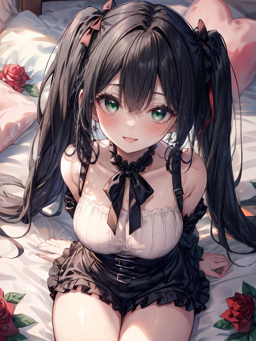 ((8K masterpiece,highest quality)), ultra high resolution, hyper detail, (1 girl), beautiful face, beautiful and delicate eyes,((green eyes)),Big eyes,shining eyes of light,Thin and long eyelashes,detailed light,((black hair)),((Bangs Patsun)),((long twin tails)),big breasts,thin waist,slender body,big thighs,blush,(grinning smile),troubled face,(please open your mouth wide),black gothic lolita overalls,Red pumps,Red earrings,Rose,Ribbon hair fastening,bed,kawaii,((Monotone room)),Kinky beauty,Danmei,Inside the castle,princess,(((Lie down with your arms as pillows))),lure,provocation,motion blur,Depth of written boundary,spectacular panoramic view,Angle from above