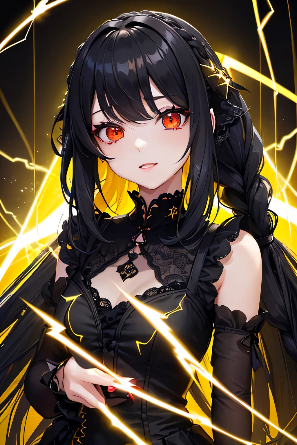 1 girl,Depp's Sense,confused,catch light,Super beautiful illustration,(yellow,electric lightning),((black color,long hairstyles:1.3)),dark dark eyeshadow,bright red lipstick,Gothic Lolita,;d,beautiful and delicate hair,(((delicate and detailed red eyes))),yellowく輝く光の効果,Lightning has