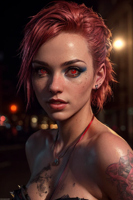 (best quality ,4k, 8k, HD render, masterpiece:1.2), ultra-detailed, (realistic, photorealistic, photo-realistic:1.37), female with glowing red eyes, punk colored hair, fashion photography, 3/4 body portrait, urban sprawl, illustration, oppressive atmosphere, vibrant colors, soft lighting, concept art, spiked bat, detailed face