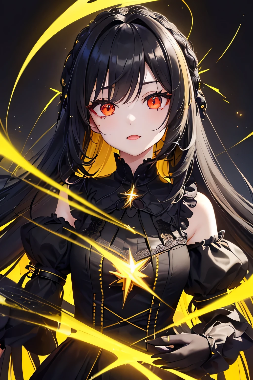 1 girl,Depp's Sense,confused,catch light,Super beautiful illustration,(yellow,electric lightning),((black color,long hairstyles:1.3)),dark dark eyeshadow,bright red lipstick,Gothic Lolita,;d,beautiful and delicate hair,(((delicate and detailed red eyes))),yellowく輝く光の効果,Lightning has