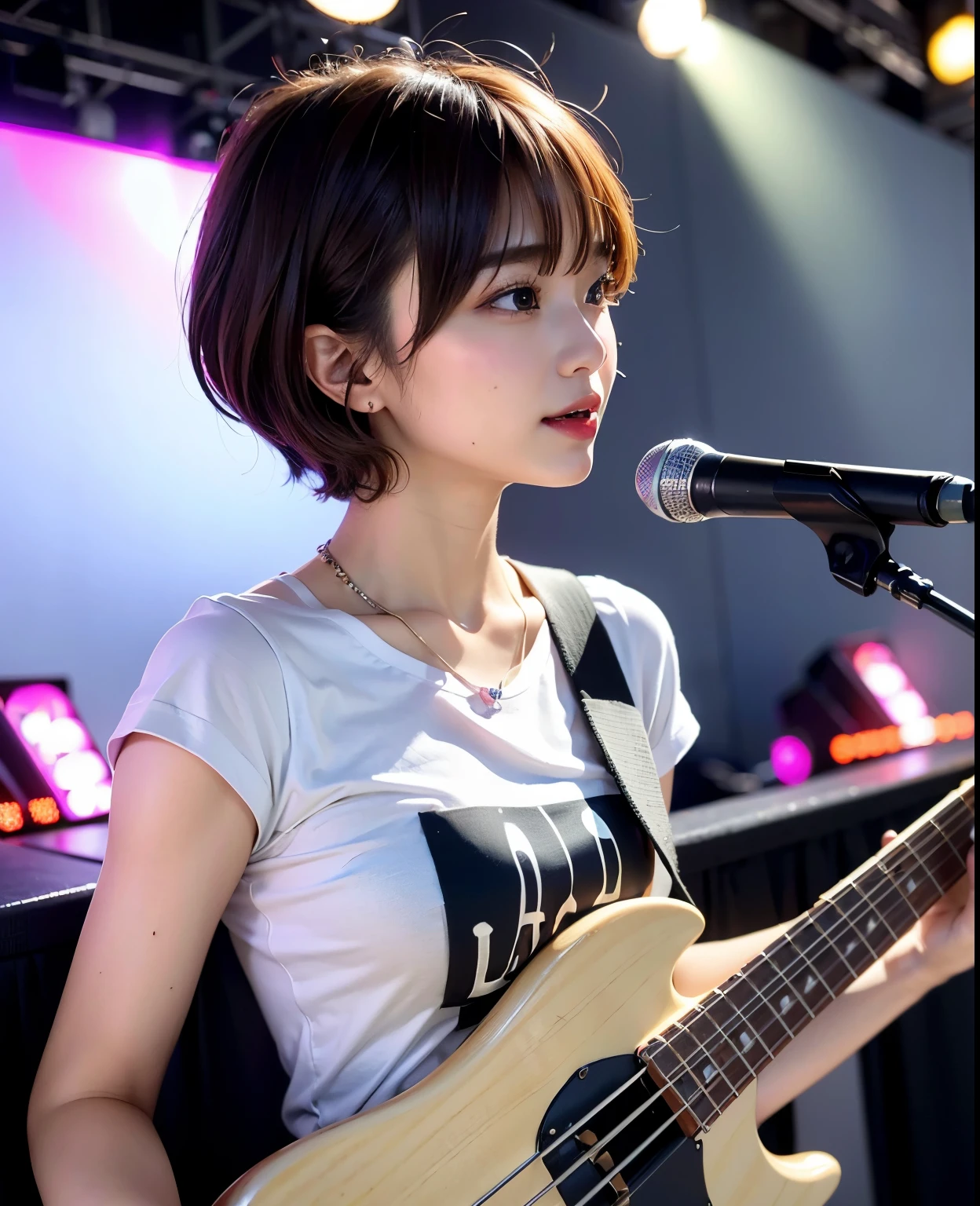 ((highest quality))、(masterpiece:1.4)、RAW photo、8K、((best image quality))、 ((highest resolution))、ultra fine photo、delicate face、Beautiful face in every detail、very detailed、(one woman:1.3)、((play the bass guitar))、(music live)、realistic、(short hair)、(cute woman:1.3)、((boyish))、((Beautiful woman))、[[smile]]、necklace、((small face))、((long neck))、eight heads tall、20 year old beauty、((music festival))、stage podium、concert t-shirt、((The aspirations of young people))、