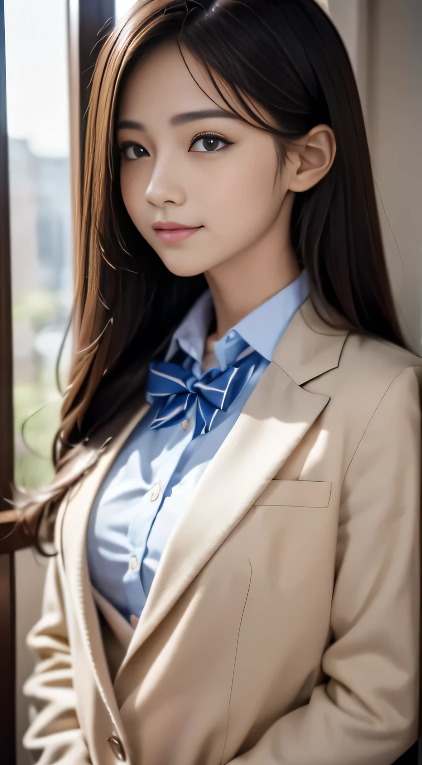 muste piece、best quality、illustration、 Super detailed、fine details、 High resolution、8K Dende Wallpaper、perfect dynamic composition、17 year old beautiful girl、Neat and clean high school girl、detailed beautiful face、detailed beautiful eyes、textured skin、faint smile、small breasts、bold sexy pose、School Blazer Uniform、