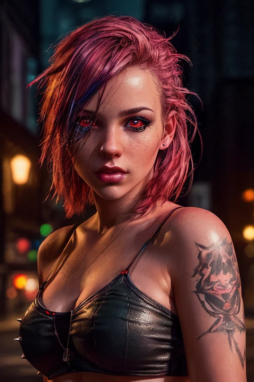 (best quality ,4k, 8k, HD render, masterpiece:1.2), ultra-detailed, (realistic, photorealistic, photo-realistic:1.37), female with glowing red eyes, punk colored hair, fashion photography, 3/4 body portrait, urban sprawl, illustration, oppressive atmosphere, vibrant colors, soft lighting, concept art, spiked bat, detailed face