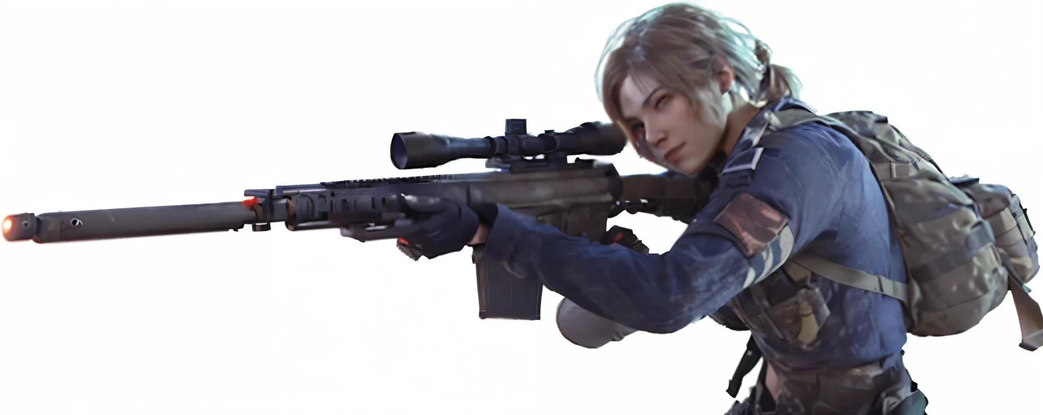Woman holding sniper rifle and backpack, Realistic,lifelike,sniper girl in war, Battlefield theme, 史诗般的Action pose, action game, Action pose, heroine, With a sniper rifle, fps,game concept art, many details,8K
