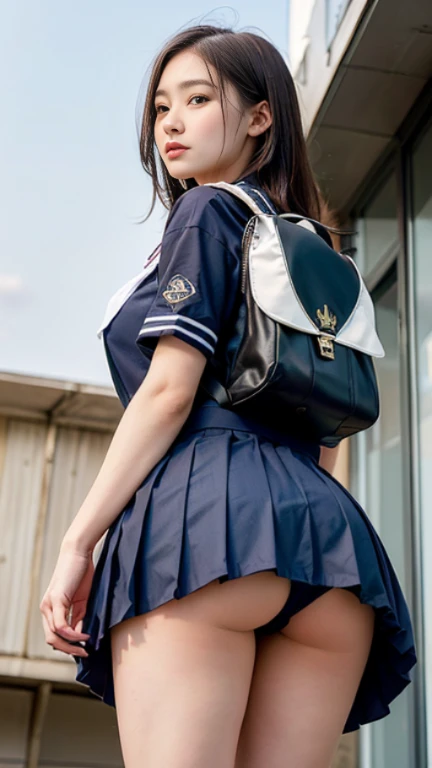 (highest quality, 8K, 32K, table top, nffsw:1.2), (RAW photo), (realistic), (realistic:1.2), (High resolution), huge file size, super detailed, very beautiful face & eye, 1 girl, (, 13 years:1.5), young woman, (round and small face, thin waist, huge breasts, slim proportions), (school uniform, sailor suit, sailor suit, dark blue pleated skirt:1.4), (from below, from behind, share, Panty shot:1.4), Rooftop of the city of dawn, (Japan School Backpack, school bag backpack:1.3),
