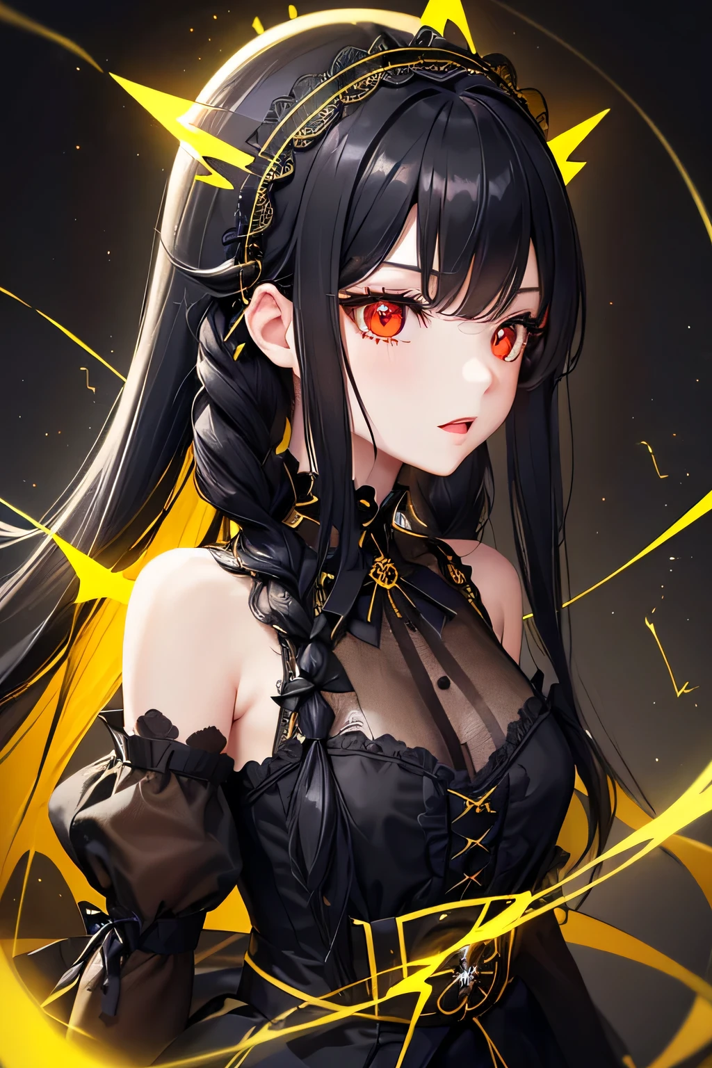 1 girl,Depp's Sense,confused,catch light,Super beautiful illustration,(yellow,electric lightning),((black color,long hairstyles:1.3)),dark dark eyeshadow,bright red lipstick,Gothic ta,;d,beautiful and delicate hair,(((delicate and detailed red eyes))),yellowく輝く光の効果,Lightning has