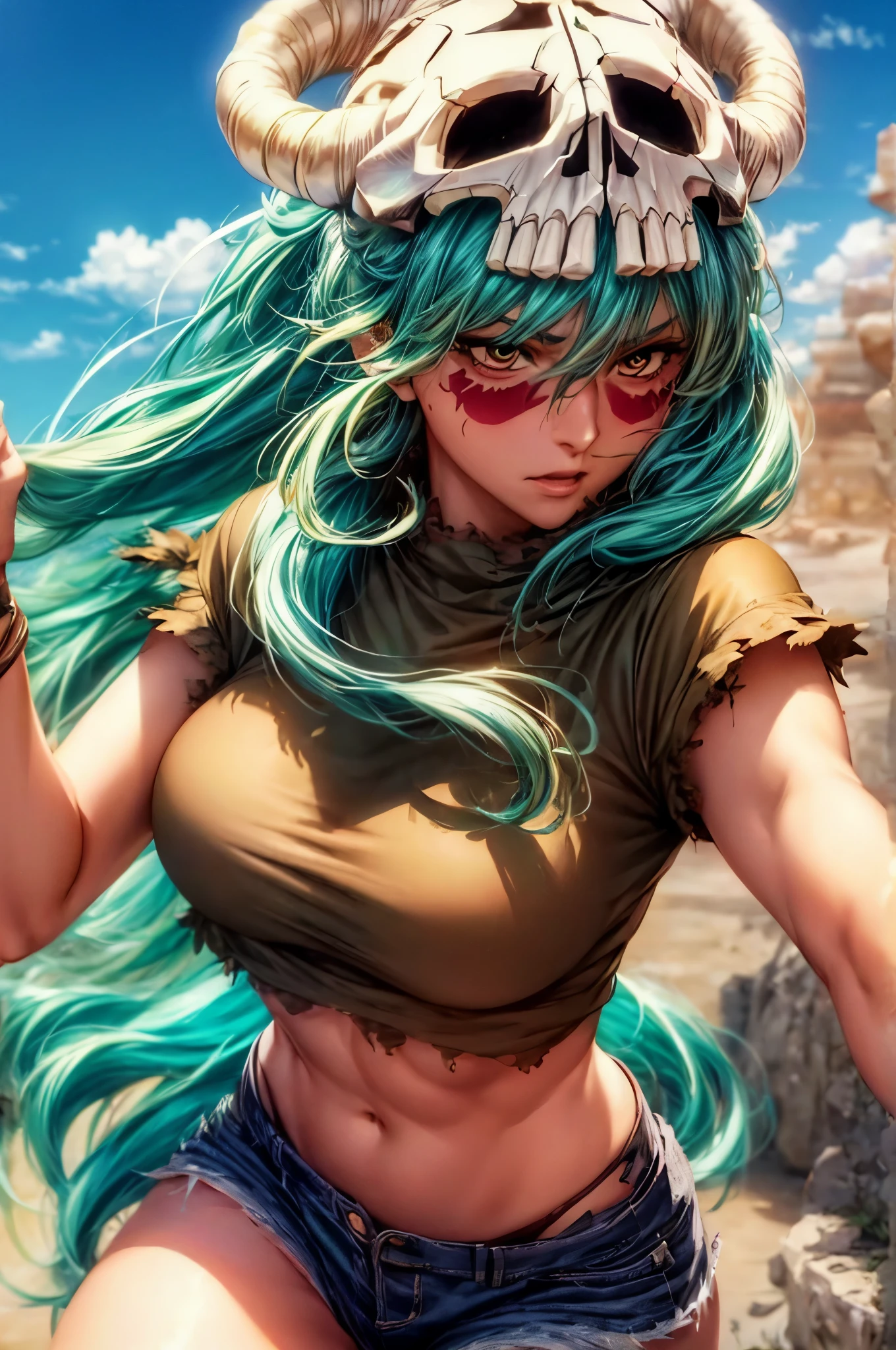 (masterpiece, best quality:1.2), cowboy shot, solo, 1girl, odelschwanck, expressionless, closed mouth, looking at viewer, hand in own hair, green hair, skull, torn clothes, underboob, skirt, skin texture, extremely detailed image, emerging from a burning desert