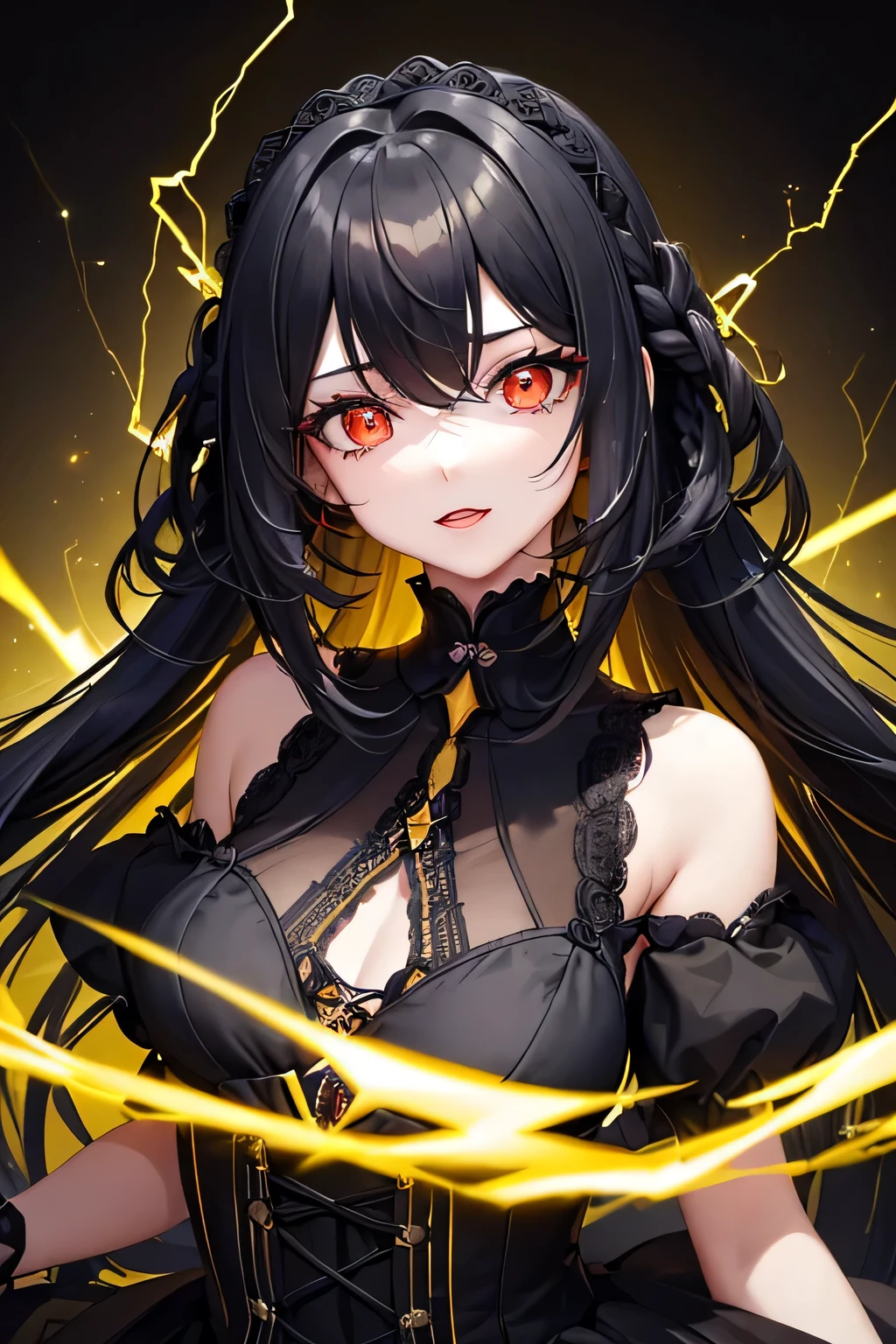 1 girl,Depp's Sense,confused,catch light,Super beautiful illustration,(yellow,electric lightning),((black color,long hairstyles:1.3)),dark dark eyeshadow,bright red lipstick,Gothic ta,;d,beautiful and delicate hair,(((delicate and detailed red eyes))),yellowく輝く光の効果,Lightning has