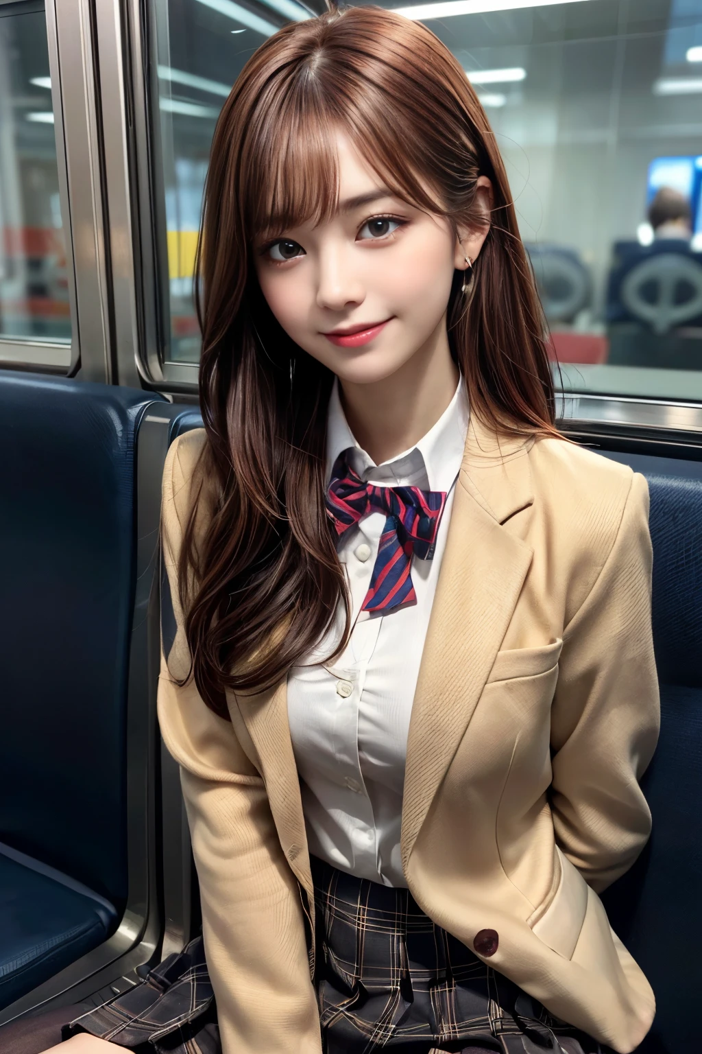 1 girl, very bright backlight, alone, {beautiful and detailed eyes}, autumn morning, ???????????, calm expression, natural soft light, delicate features, dull bangs, beautiful korean girl, smile in the eyes, very small earrings, 20-year-old, ((model pose)), glamorous figure,(colorful hair, half red hair、half brown hair:1.2),real hand, table top, highest quality, realistic, super detailed, in detail, High resolution,brown messy hair, perfect dynamic composition, beautiful and fine eyes, asian girl,((nervous and embarrassed)),sharp focus, beauty mix, movie girl,(smile:1.3),(Wearing a brown school blazer uniform,brown pleated skirt:1.3),(long hair:1.3),(sit on a train seat.:1.3),(close your eyes:1.3),(tilt one's head:1.1),(with legs spread:1.4),(put your hands behind your back:1.3),(I can see your pants:1.5),whole body
