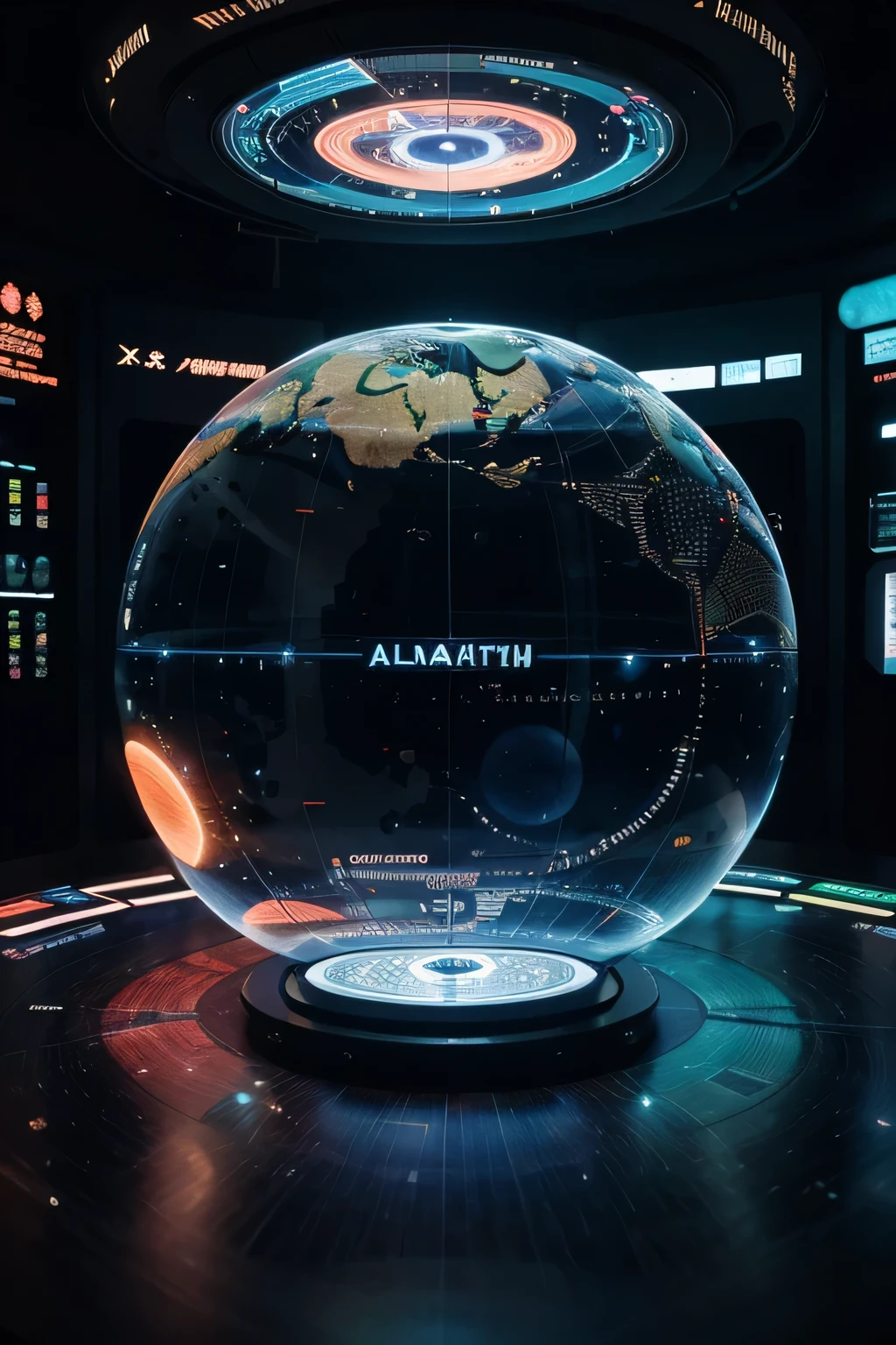 high tech会议大厅中间有未来派transparent空灵天文图,3D astronomical map,Holographic projection astronomical map,Map of cosmic galaxies,spherical,transparent,cyberpunk,X-ray,fluorescence,neon lights,high tech,command hall,Control lobby