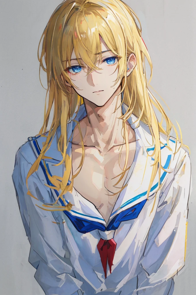 a handsome man,adult,blond,blue eyes,clavicle,school uniform,Clever,bust figure,nsfw,(masterpiece),(highest quality),