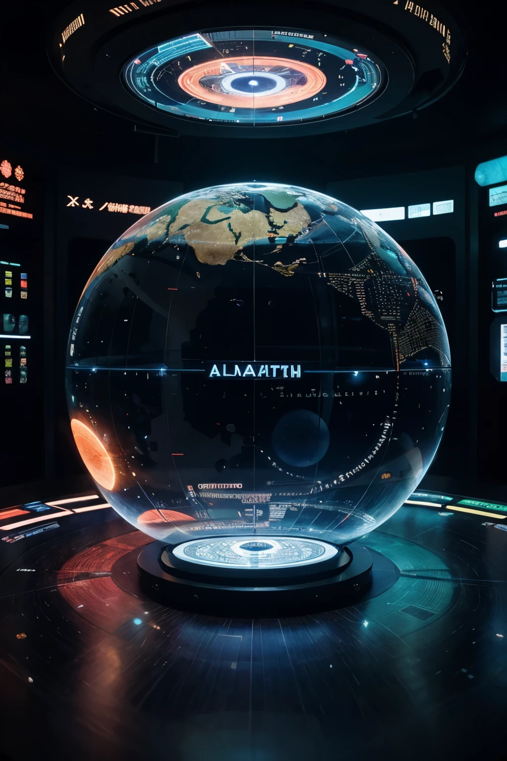 high tech会议大厅中间有未来派transparent空灵天文图，3D astronomical map，Holographic projection astronomical map，Map of cosmic galaxies，spherical，transparent，cyberpunk，X-ray，fluorescence，neon lights，high tech，command hall，Control lobby