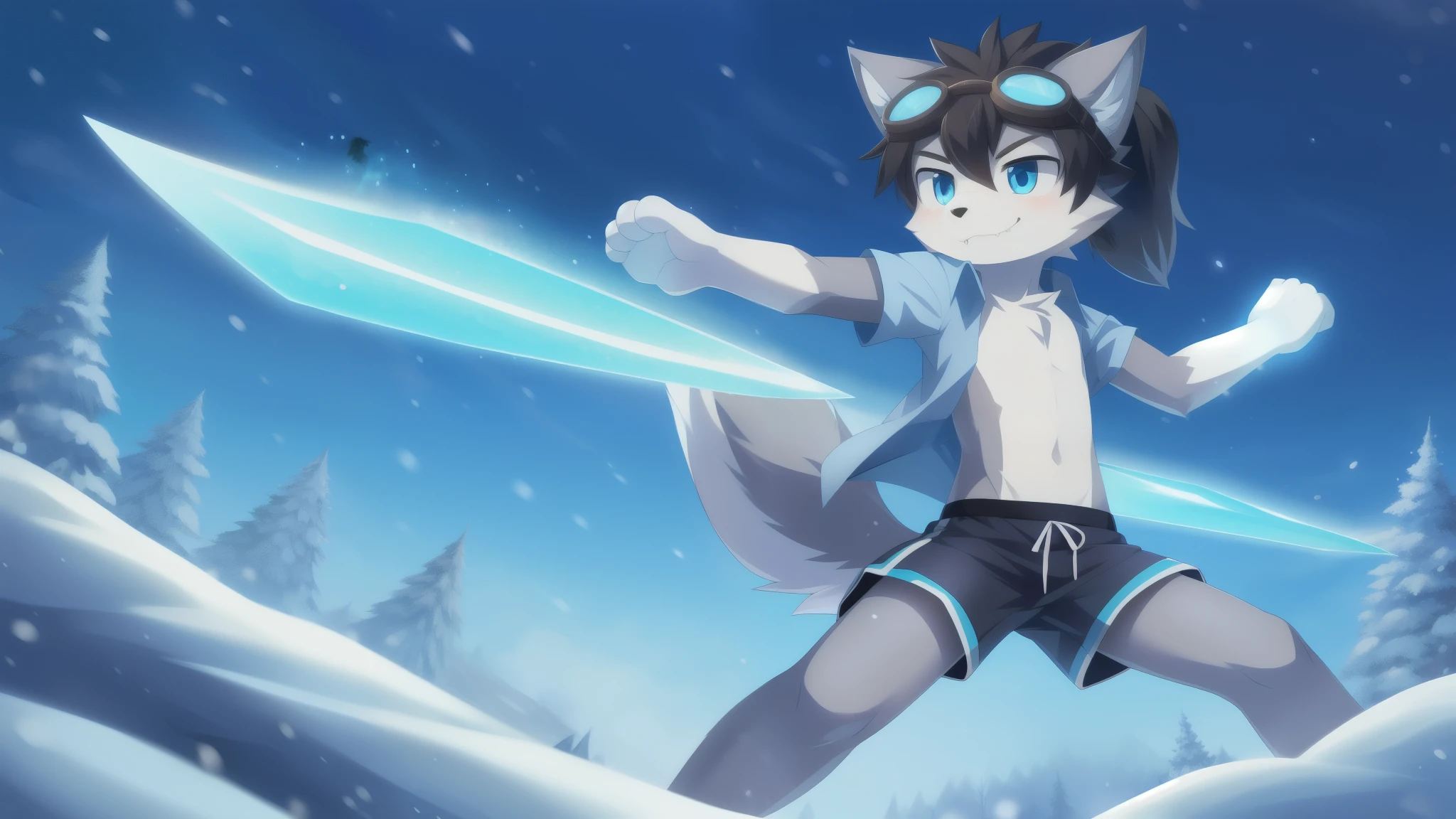 Furry shota, Young, wolf, black hair, long spiky ponytail, blue eyes, detailed body fur, ((blue hawaiian shirt, open clothes, black swim trunks, goggles)), masterpiece, looking at you, fangs, clear grey body fur, detailed face, big eyebrows, detailed eyes, detailed body, detailed body fur, detailed hands, flat body, glistering body, shiny body, skinny, snow forest, snow rain, sassy face, :3, glow throughout the scene, action pose, dynamic angle, ice magic, transform arm on ice sword, snow particles, solo, full body, feets whit three toes,