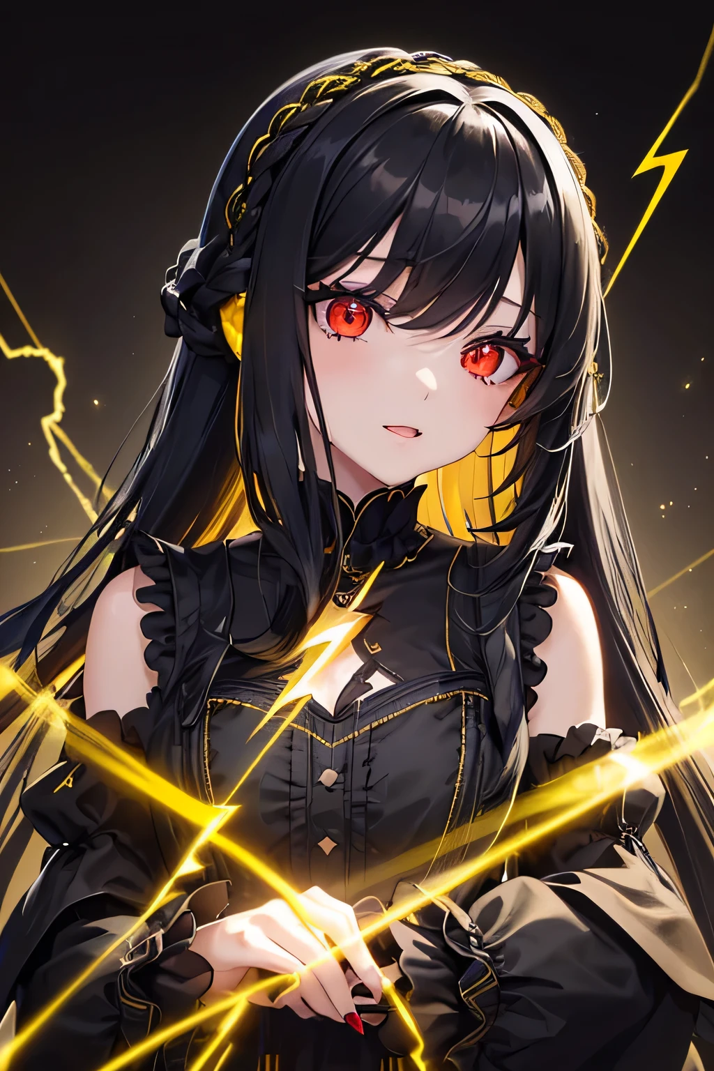 1 girl,Depp's Sense,confused,catch light,Super beautiful illustration,(yellow,electric lightning),((black color,long hairstyles:1.3)),dark dark eyeshadow,bright red lipstick,Gothic Lolita,;d,beautiful and delicate hair,(((delicate and detailed red eyes))),yellowく輝く光の効果,Lightning has