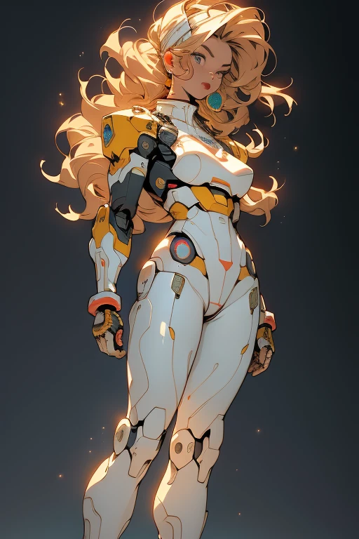 ((Best quality)), ((masterpiece)), (detailed: 1.4), (Absurd), (((full body)), (((woman))), 35-year-old woman, Beautiful muscular woman, giant robot pilot, wild with perfect body, perfect eyes, wearing little clothing, tiny thong, clothing with Japanese graphic patterns, halftone pattern and vertical stripes, yellow gold, white, coming out of the body of a giant robot