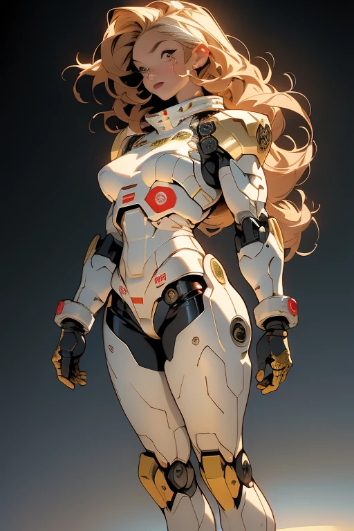 ((Best quality)), ((masterpiece)), (detailed: 1.4), (Absurd), (((full body)), (((woman))), 35-year-old woman, Beautiful muscular woman, giant robot pilot, wild with perfect body, perfect eyes, wearing little clothing, tiny thong, clothing with Japanese graphic patterns, halftone pattern and vertical stripes, yellow gold, white, coming out of the body of a giant robot