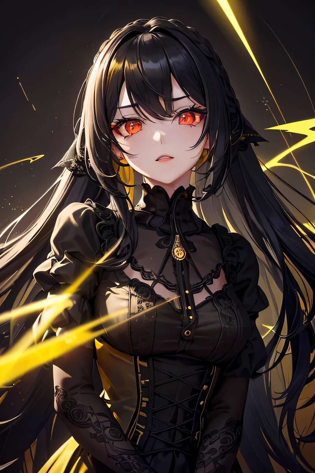 1 girl,Depp's Sense,confused,catch light,Super beautiful illustration,(yellow,electric lightning),((black color,long hairstyles:1.3)),dark dark eyeshadow,bright red lipstick,Gothic ta,;d,beautiful and delicate hair,(((delicate and detailed red eyes))),yellowく輝く光の効果,Lightning has