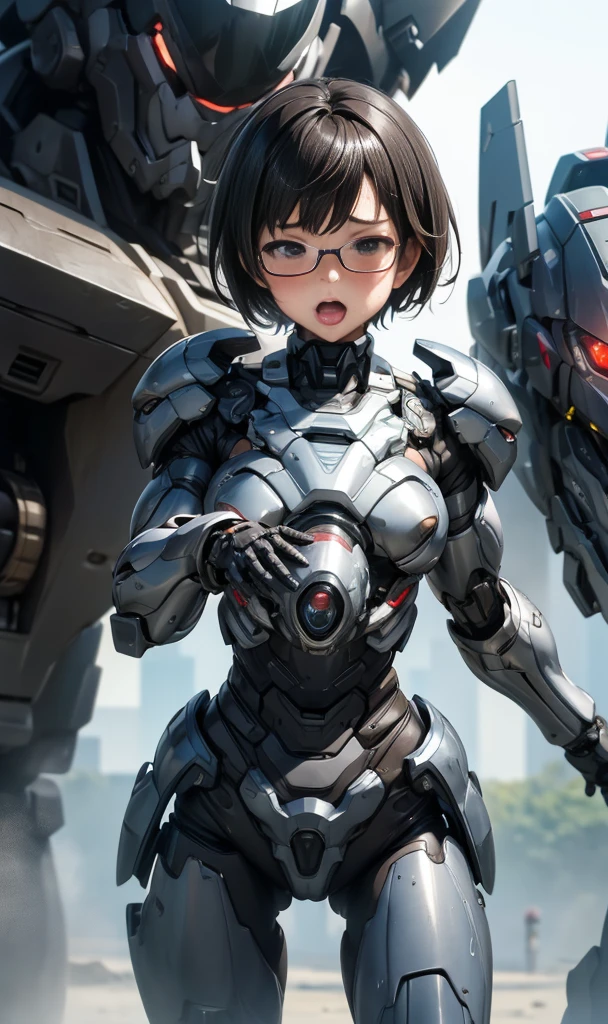 rough skin, Super detailed, advanced details, high quality, 最high quality, High resolution, 1080P, hard disk, beautiful,(War Machine),beautifulcyborgの女性,ダークグリーンメカcyborgガール,In combat,Mecha body girl,、Elementary school girl　　laughter　open your mouth　sweaty　ベリーshort hair−、sweaty brown eyes、sweaty face、embarrassed look　blush　cute　black haired　((steam from head)) Glasses　bbw　diagonal angle　Elementary school girl、Glasses、erotic face、tongue out、short hair　sexy eyes　whole body、black haired、cyborg、erotic pose、sweaty face、、open legs、I can see the vagina