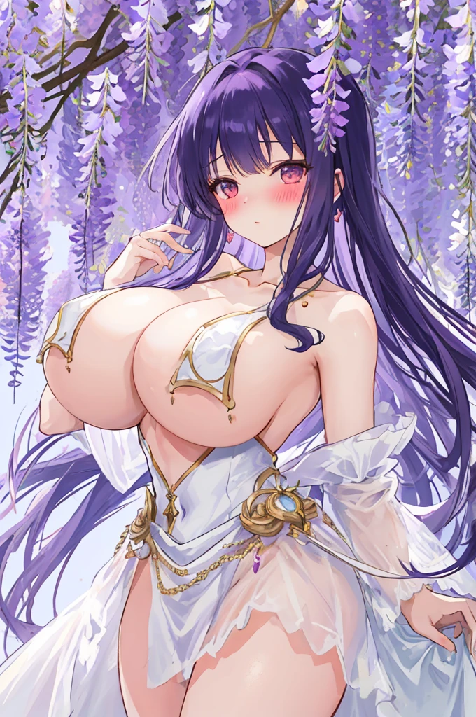 A woman with big ,goddess,Noble and elegant,clavicle,tulle dress,Prominent and smooth underboob,exquisite,pubic,innominate bone,(blush:1.2),Under the wisteria flowers,