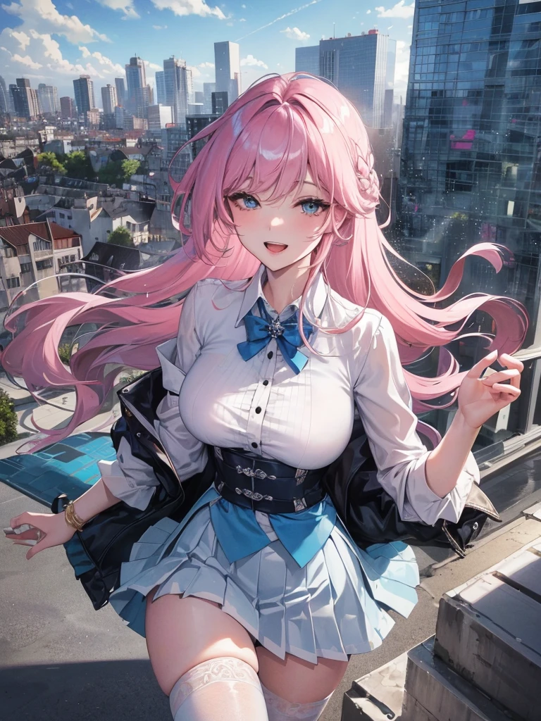 Official fine art,tmasterpiece,Sharp focus,(Beautiful gorgeous lovely Korean women:1.3),(beautiful lovely Korean people:1.3),South Korean beauties,Delicate and beautiful hair and eyes and face,realisticlying,ultra - detailed,a beauty girl,blue-sky,Glowing white particles,(sidelighting:1.2),rays of sunshine,baiyun,Detailed clouds,Slender,Cute big breasts and big buttocks,Toothy laughter,((Laugh and open your eyes)),scenecy,Long straight hair, sexy facial expression, buliding, (cityscape:1.7), Dynamic hair, Long straight hair, Delicate platinum-pink hair, glow blue eyes, (blue pleated shirt+white skirt), Black stockings,Naked of breast, paleskin, hair adornments, epic landscapes