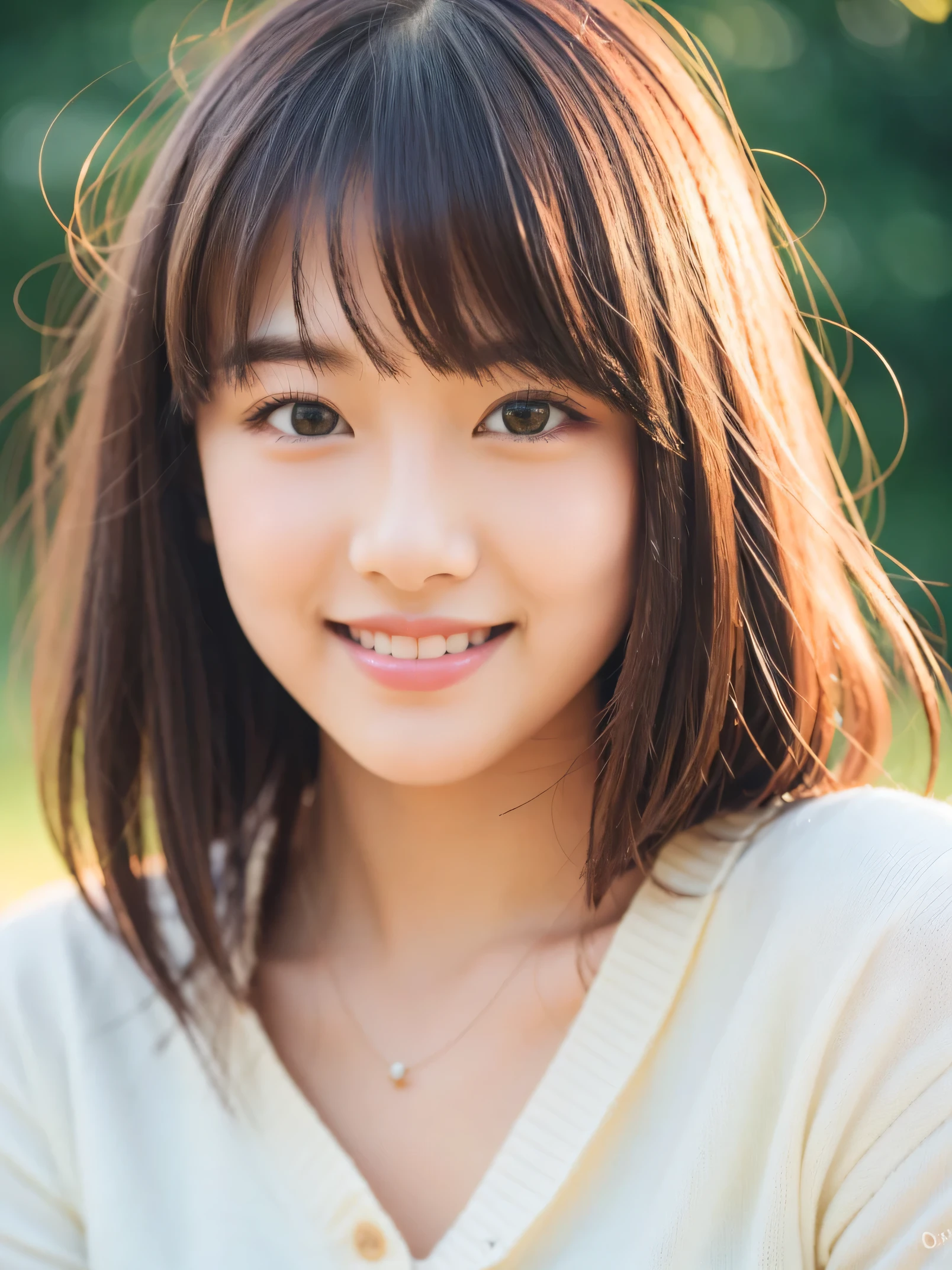 masterpiece, highest quality, RAW photo, realistic, smile, beautiful girl, cute, delicate girl, hair up, written boundary depth, High resolution, Super detailed, detailed, 非常にdetailedな目と顔, realistic student, sharp focus, cinematic lighting, Upper body, bangs, knit sweater,